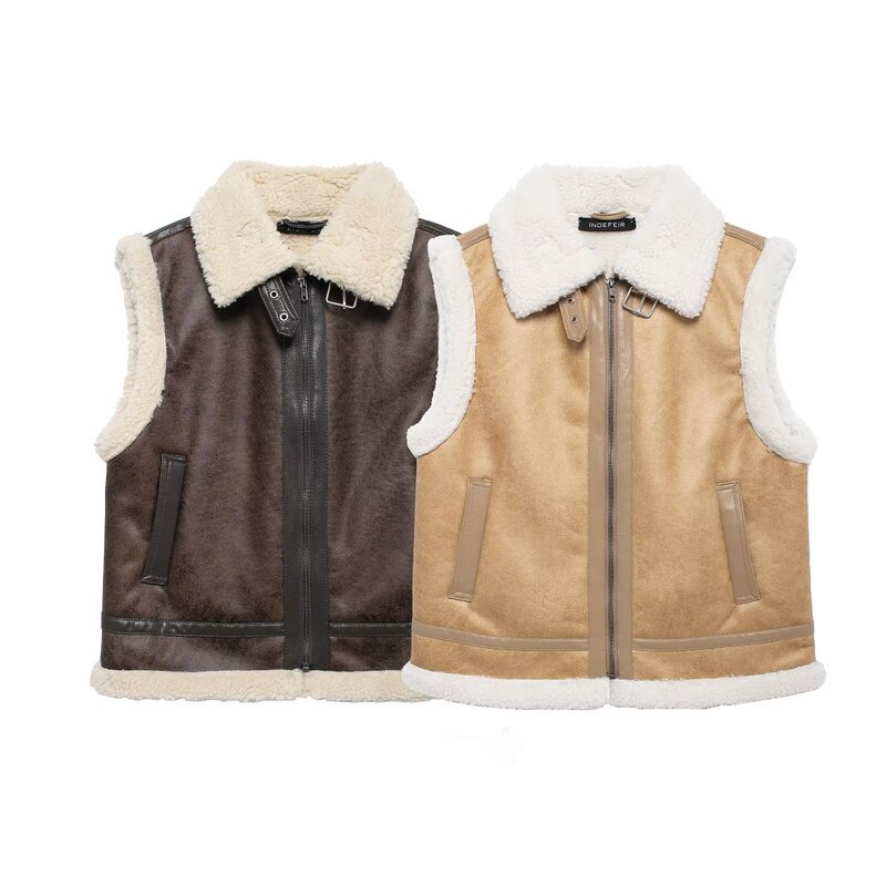 2025 Winter Comfortable Teddy Fleece Lined Sleeveless Lapel Zipper Vest Cross-Border Amazon Women's Clothing D61969