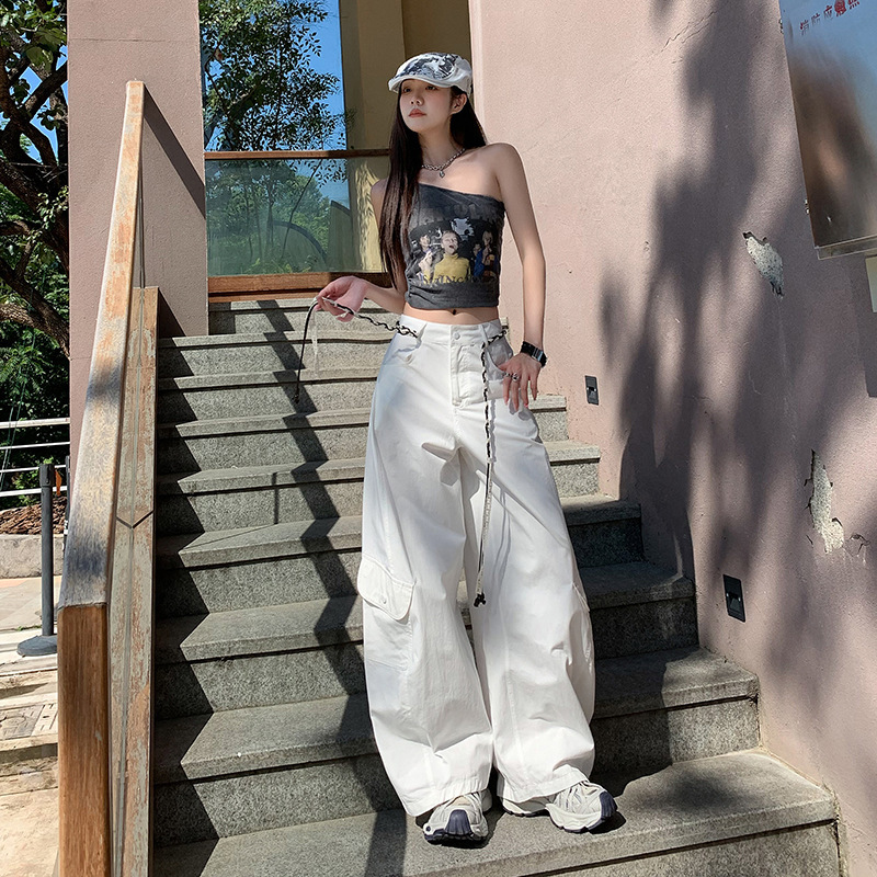 アーミーグリーンアメリカンシミターオーバーオール女性のための 2025 夏薄いクールスタイル大きなポケットルーズカジュアルワイドレッグパンツ|undefined
