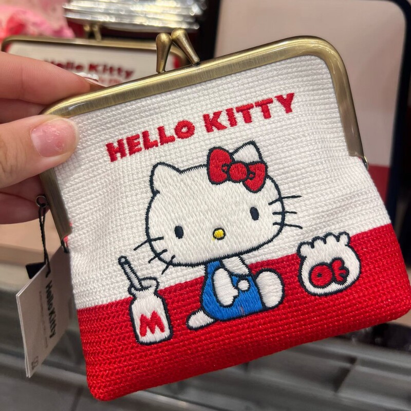 Japanese-Style Cute Cartoon Kitty Cosmetic Storage Bag Large Capacity Portable Clip Bag Embroidered Coin Purse