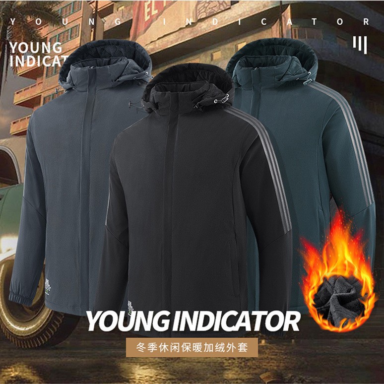 Winter cotton jacket, outdoor windproof and warm, classic three-stripe fleece-lined coat, couple's hooded cotton jacket, warm coat