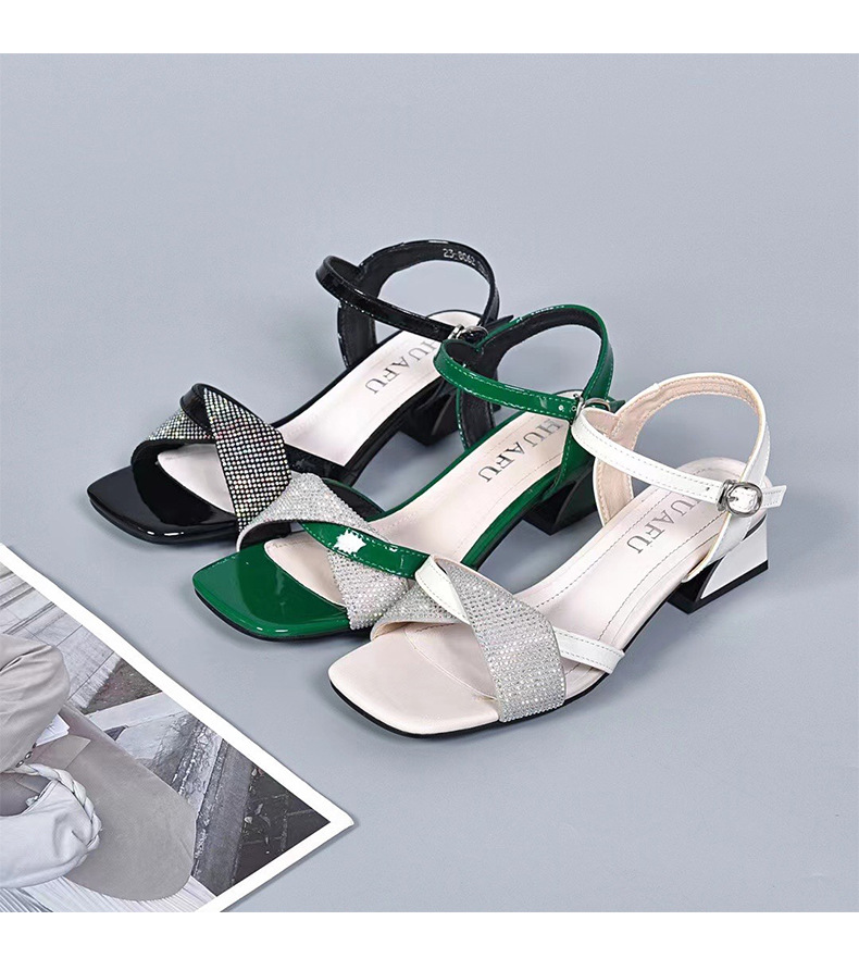Sandal cao gót nữ quai ngang đính đá pha lê, gót vuông ổn định, chất da thật — Màu đen chi tiết 12