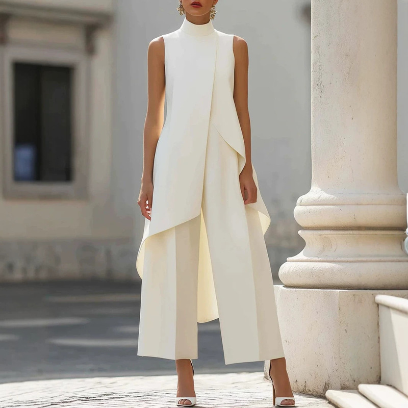 2026 European and American fashion new style, slim-fit irregular design for commuting, high-neck sleeveless layered wide-leg pants two-piece set