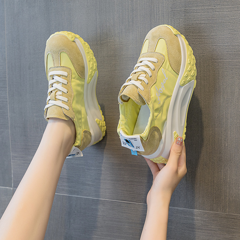 Giày sneaker chunky đế dày nữ mũi tròn tăng chiều cao mùa hè 2025 — M2376 màu vàng, M2376 màu be, M2376 màu xanh lam, M2376 màu hồng