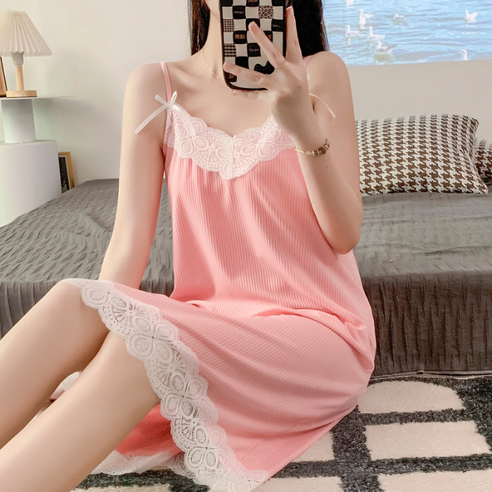 Comercio exterior al por mayor verano camisón chica leche hilo de seda tire marco fino pijamas estudiante encaje desgaste en el hogar