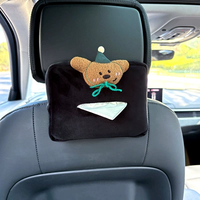 Car Tissue Box with Cute: Car tissue box/set - plush-tissue-box-black-green-hat-brown-dog