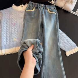 女童加绒微喇牛仔裤中大童口袋弹力牛仔喇叭裤冬季保暖女童长裤