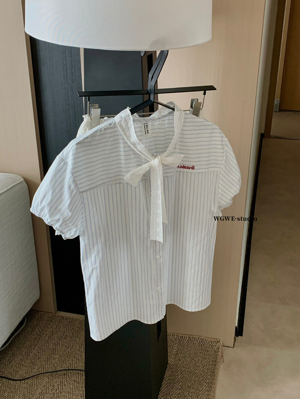 WGWE 夏レディース韓国風ファッショナブルなストライプデザイン多用途パフスリーブリボン半袖シャツ W6520|undefined