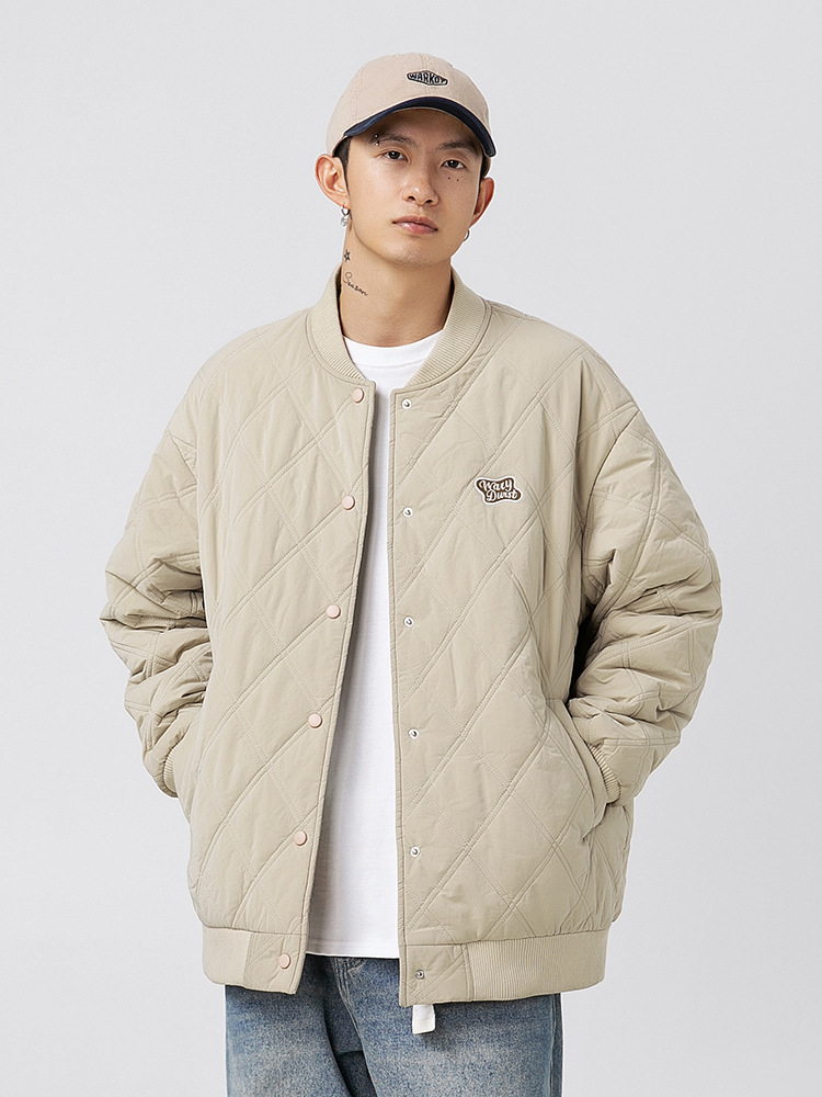 Rhombic algodón acolchado cuello de béisbol abrigo de algodón invierno de los hombres nueva pareja bordado suelta marca de moda engrosada ropa de trabajo abrigo de algodón