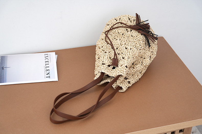 Bucket Shape Women's Straw Color Block Vacation Beach Weave Bucket String Straw Bag