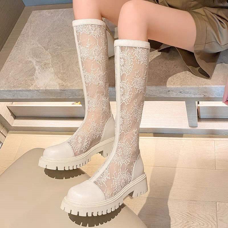 마틴 부츠 여성 여름 메쉬 부츠 얇은 2025 새로운 메쉬 통기성 흰색 두꺼운 밑창 다목적 롱 부츠 중공 샌들