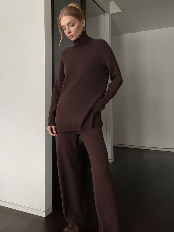 跨境高领毛衣套装女欧美2025秋冬打底针织阔腿裤+高领毛衣套装女|undefined