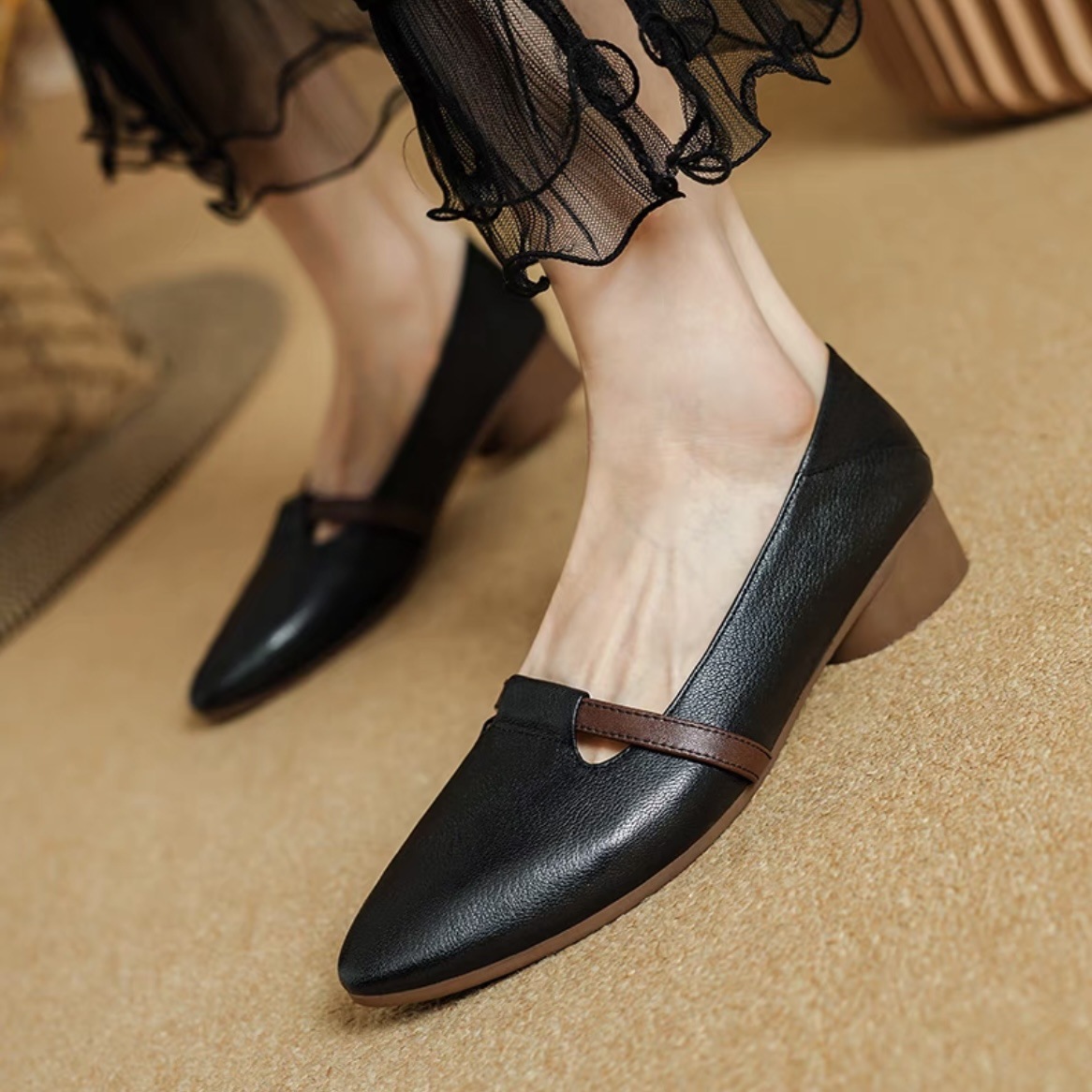 2026 primavera nuevo tacones gruesos de tacones bajos zapatos de trabajo negros de verano transpirables image 7