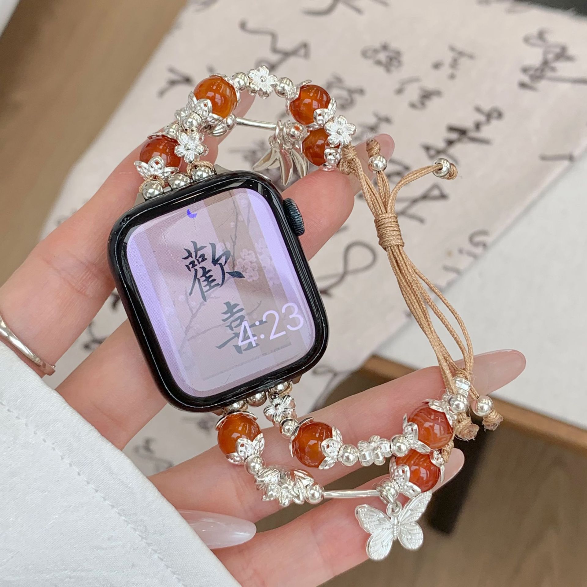 For Apple S9 Watch Band iwatch876543 Generation New Chinese Bow Beaded se Women's Wristband