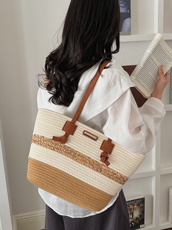 Bolso de mano de gran capacidad para mujeres 2026 verano nuevo estilo de moda tejido bolso de hombro brazaleta de viaje bolsa de ocio