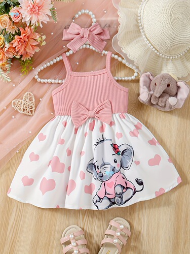 Baby's Cartoon Elephant Heart Pattern Cami Dress Set Lovely