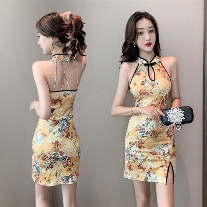 Summer New Retro Elegant Girl's Printed Modified Cheongsam Sleeveless Slim-Fit Short Split Hip Dress for Women