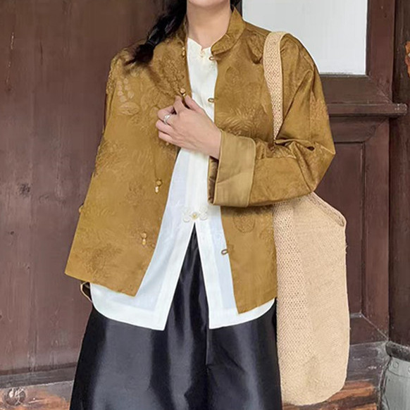南油批发国风新中式篙及感暗金立领桑蚕丝人丝织金提花外套上衣女|undefined
