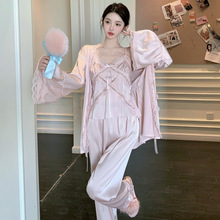 带胸垫春夏睡衣女法式蕾丝纯欲高级感冰雪丝吊带长袖长裤三件套