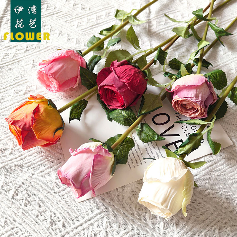 Fire roasted rose single branch romantic burnt edge Rose Bud home decoration artificial flower artificial flower living room dining table floral