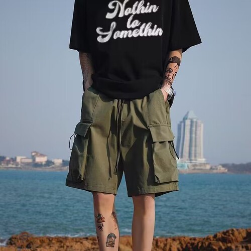 Workwear multi-pocket shorts for men, trendy plain color loose casual versatile hip-hop sport drawstring men's five-pocket pants