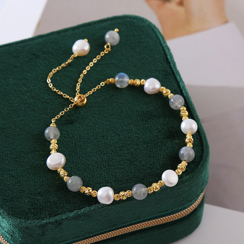Summer New Baroque Pearl Bracelet for Women, Ins Korean Style Fashion, Unique Design, Pull-out Moonstone Bead String