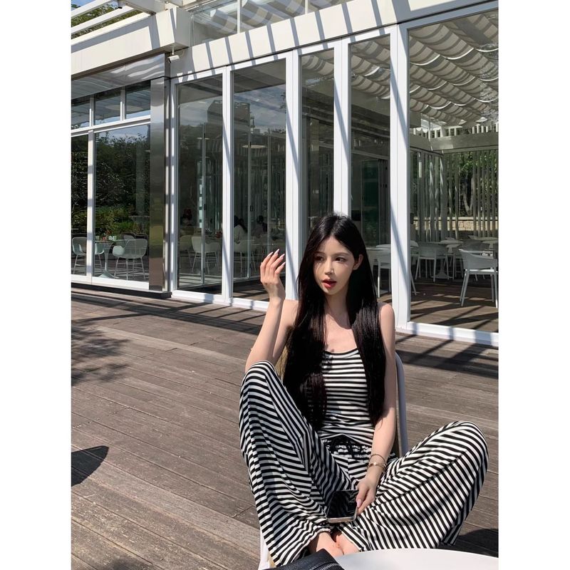 辣妹时尚条纹露背无袖连帽背心抽绳宽松休闲长裤套装女夏季两件套|undefined