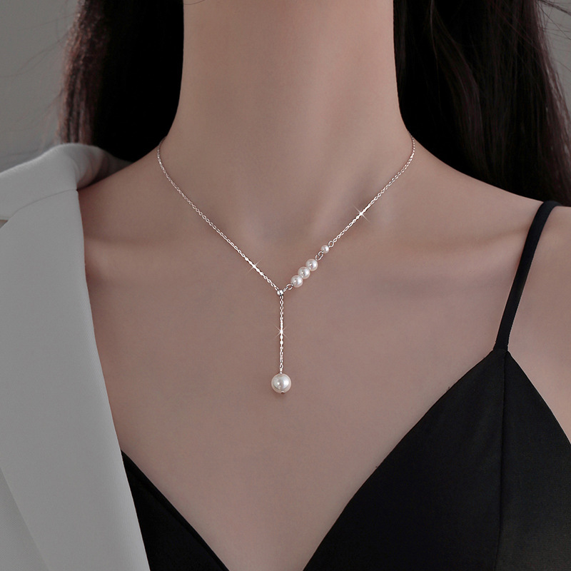 Difeng s999 スターリングシルバー高級パールネックレスニッチロング鎖骨チェーン女性日本と韓国のアクセサリー誕生日ギフトガールフレンド|undefined
