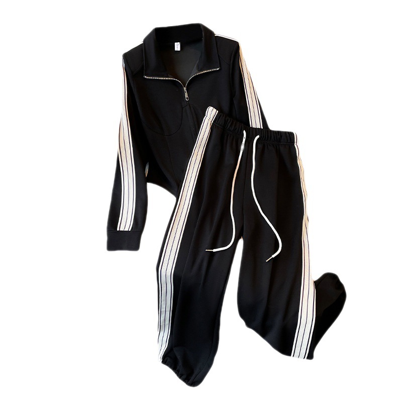 Women's Clothing Plus size fat mm fashionable and versatile stand up collar tops with three stripes overalls sports casual two piece suit_voghion.com