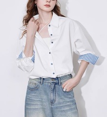 条纹翻袖衬衫女2025秋季新款时装通勤上衣高级感气质纯棉衬衣