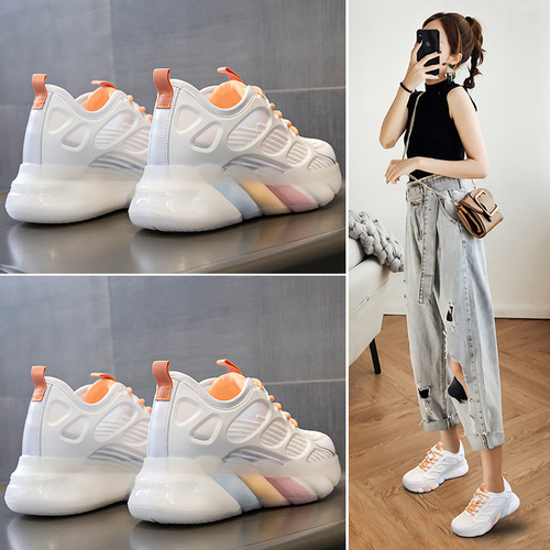 Summer casual inner height increasing women's shoes genuine leather dad shoes breathable autumn mesh white student toe flat ins