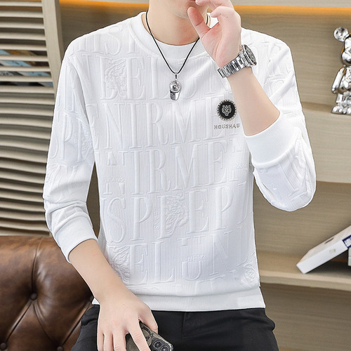 High-end Men's Crew Neck Loose Fit Long Sleeve T-Shirt with Embroidery for Spring and Autumn, Trendy Casual Top