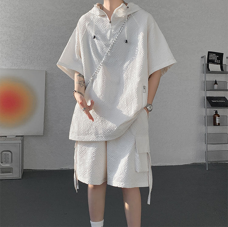 帽子付きカジュアルスーツ男性半袖半ズボン2点セット夏潮牌半ファスナーtシャツ大サイズ工装半ズボン|undefined
