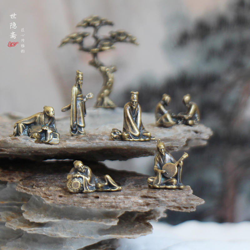 。盆景小摆件人物迷你竹林七贤古风小人像奇石沙盘造景微景观摆件