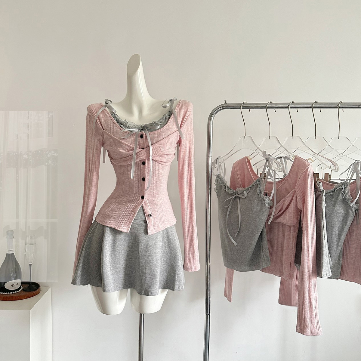 Korean Female Atmosphere Lace Camisole Off-Shoulder Cardigan T-Shirt Suit Spring New Korean Pure Desire Long-Sleeved Top