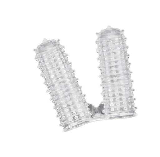 Finger Sleeve G-Spot Stimulator Set with Textured Wolf Teeth and Crystal Caterpillar Design, Pink TPE — detail image 2