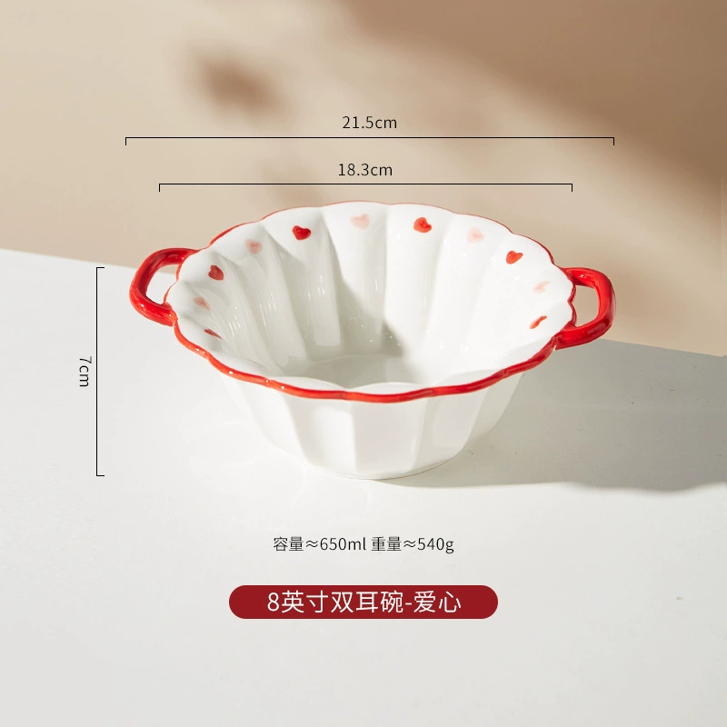 Ceramic tableware set, Chinese‑style capacious soup bowls and plates, red heart rim, multiple sizes
