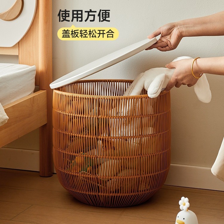 Laundry Basket for Home Use, Dirty Clothes Hamper for Bedroom, Japanese-Style Dirty Clothes Basket, Bathroom Rattan Woven Imitation Clothes Storage Basket