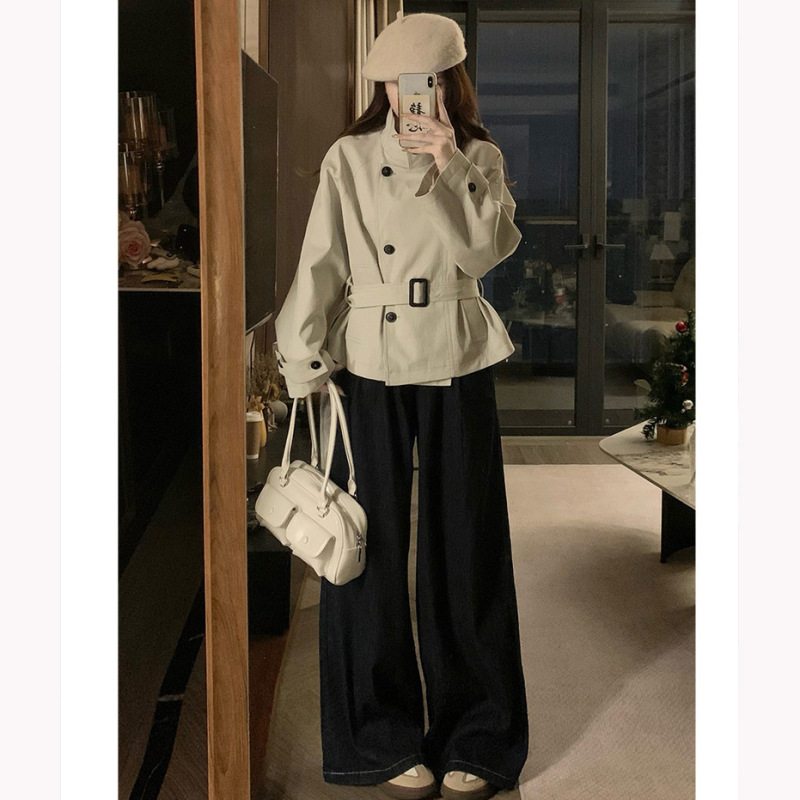 Early Autumn Korean Style Off-White Short Windbreaker 2025 New British Style Retro High-End Stand-Up Collar Waist Jacket
