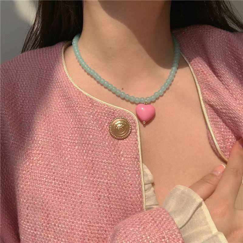 The Color Is Super Beautiful! Pink Peach Heart Necklace, Girly Heart Contrasting Color, Fashionable Sweet and Cool Sexy Clavicle Chain, Versatile Neck Chain Trend