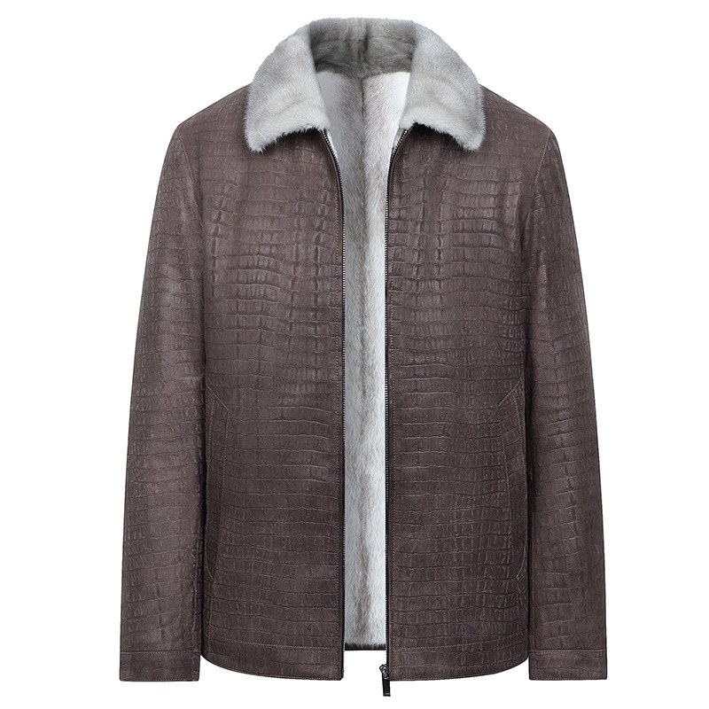 冬季新款男士貂皮大衣十字貂内胆真皮绵羊皮鳄鱼纹夹克海宁皮外套