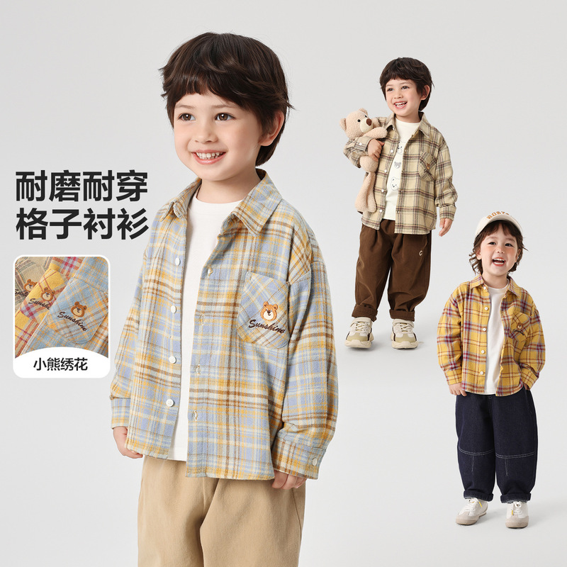 Right European Style Boys' Academy-Style Shirt, Autumn Outfit for Toddlers, Baby Top, Spring and Autumn Children's Clothing, Children's Plaid Shirt for Boys