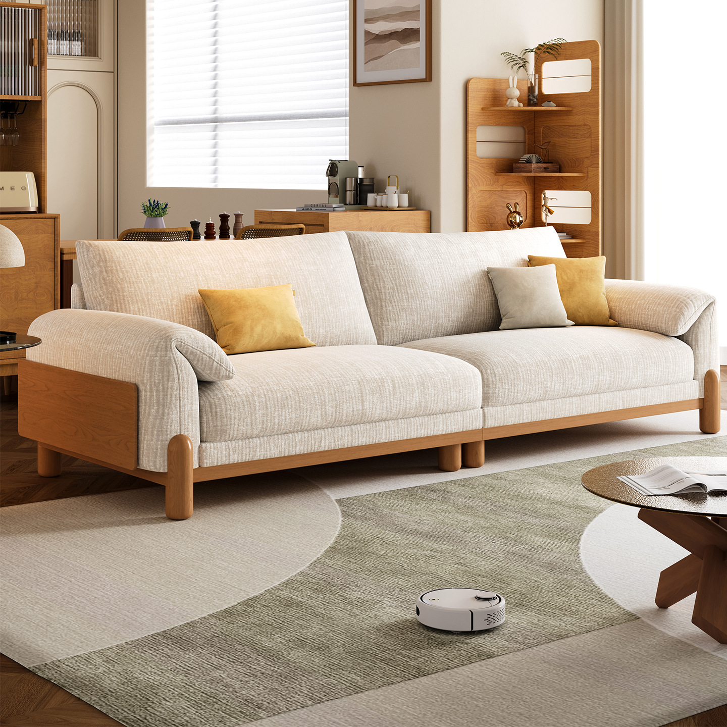 Solid Wood Fabric Sofa 2025 New Japanese-Style Ash Wood Small Apartment Living Room Tofu Block Cream Sofa