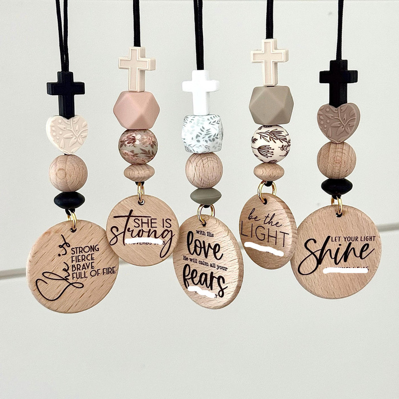 Silicone Cross Car Hanging Ornament with Wooden Round Plaque Pattern, Silicone Beads Rearview Mirror Hanging Ornament, Cross Wooden Plaque Hanging Ornament Silicone Cross Car Hanging Ornament with Wooden Round Plaque Pattern, Silicone Beads Rearview Mirror Hanging Ornament, Cross Wooden Plaque Hanging Ornament