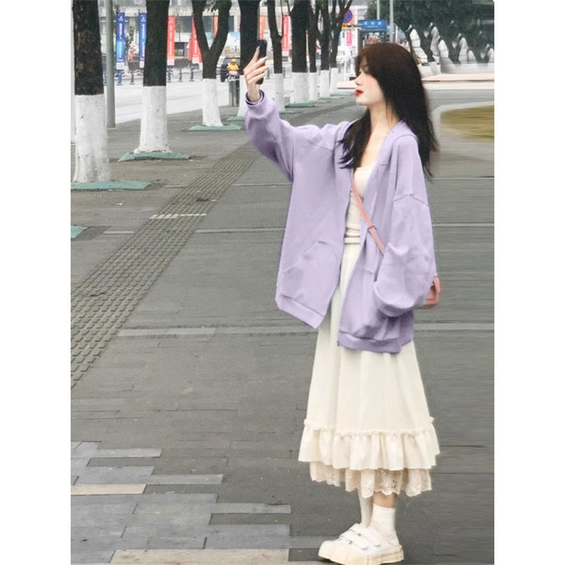 女性のための紫色のカジュアルスウェットシャツジャケット 2025 新作春と秋の薄いトップス女性のための韓国の甘い気質通勤着用|undefined
