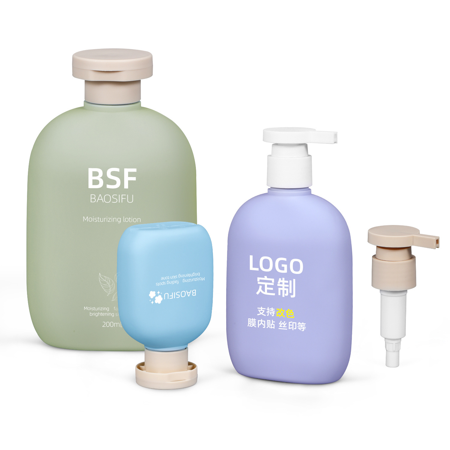 Botella de plástico PE en venta caliente, material suave de peluche, crema corporal, botella plana, botella de champú, botella vacía