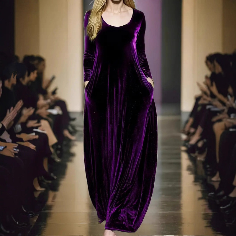 2025 European and American Cross-Border Autumn and Winter Gold Velvet Long Dress Round Neck Long Sleeves Large Hem Elegant Velvet Dress