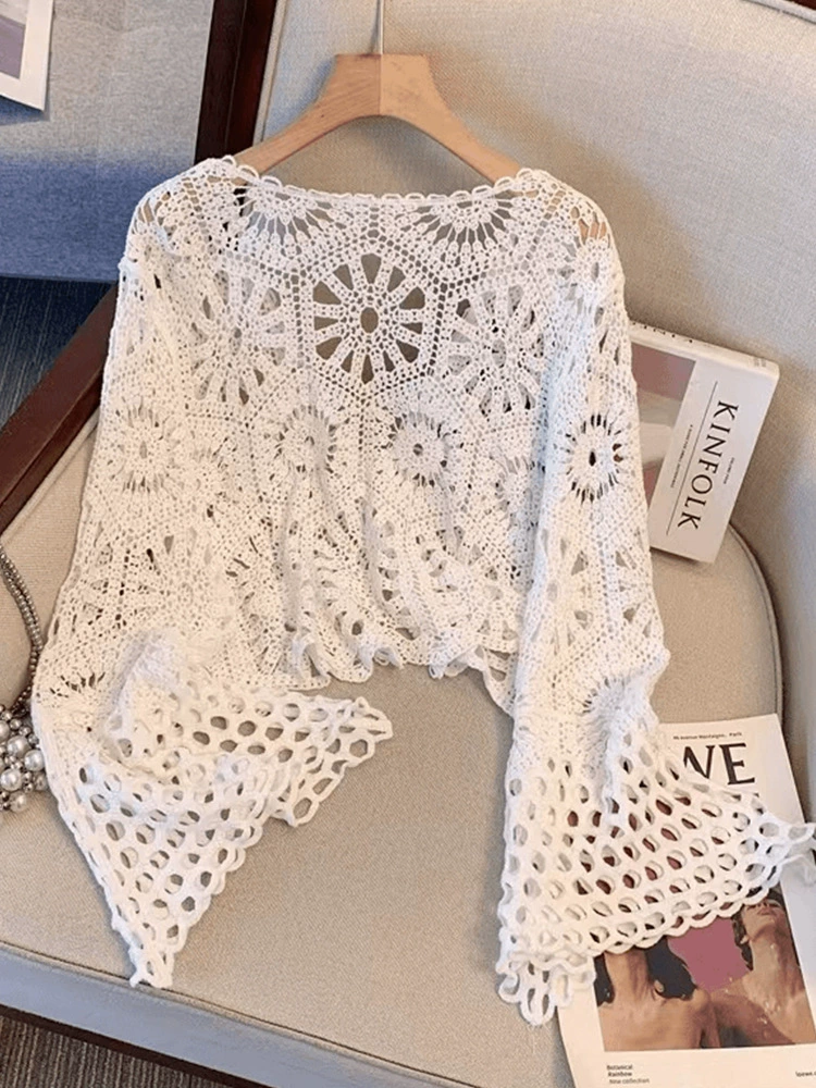 Летний кардиган длинный рукав бохо крючком, one size, лёгкое пляжное накидка