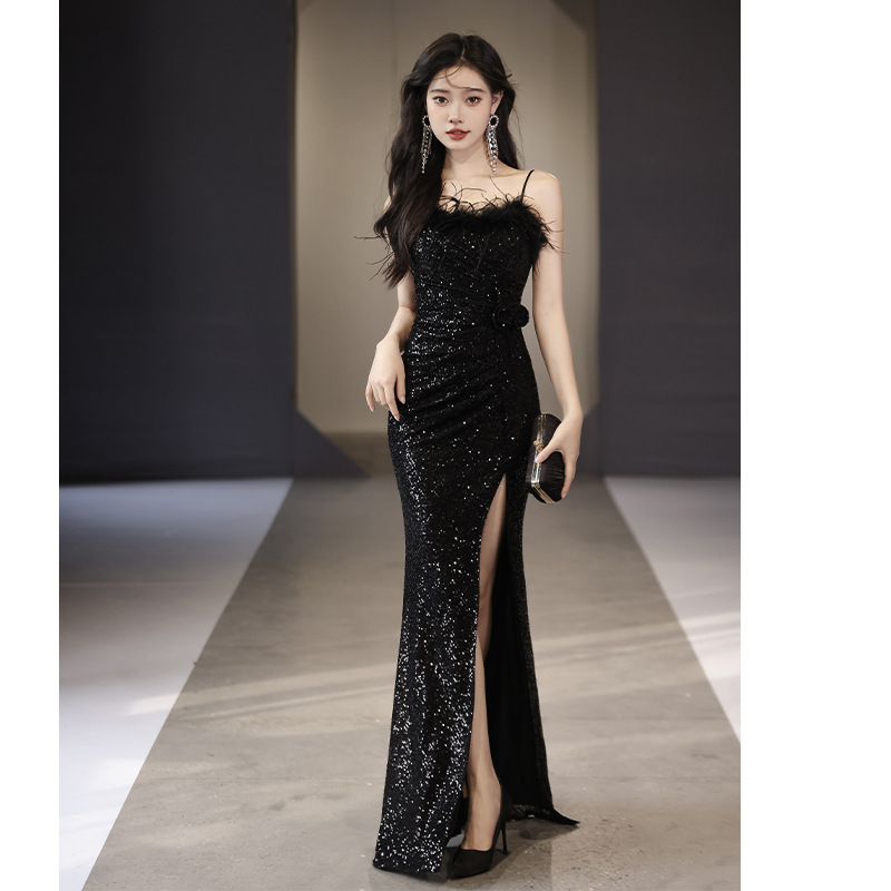 Vestido de noche negro de otoño de 2025 nueva industria pesada celebridad reunión anual esbelta cola de pescado vestido de moda sexy