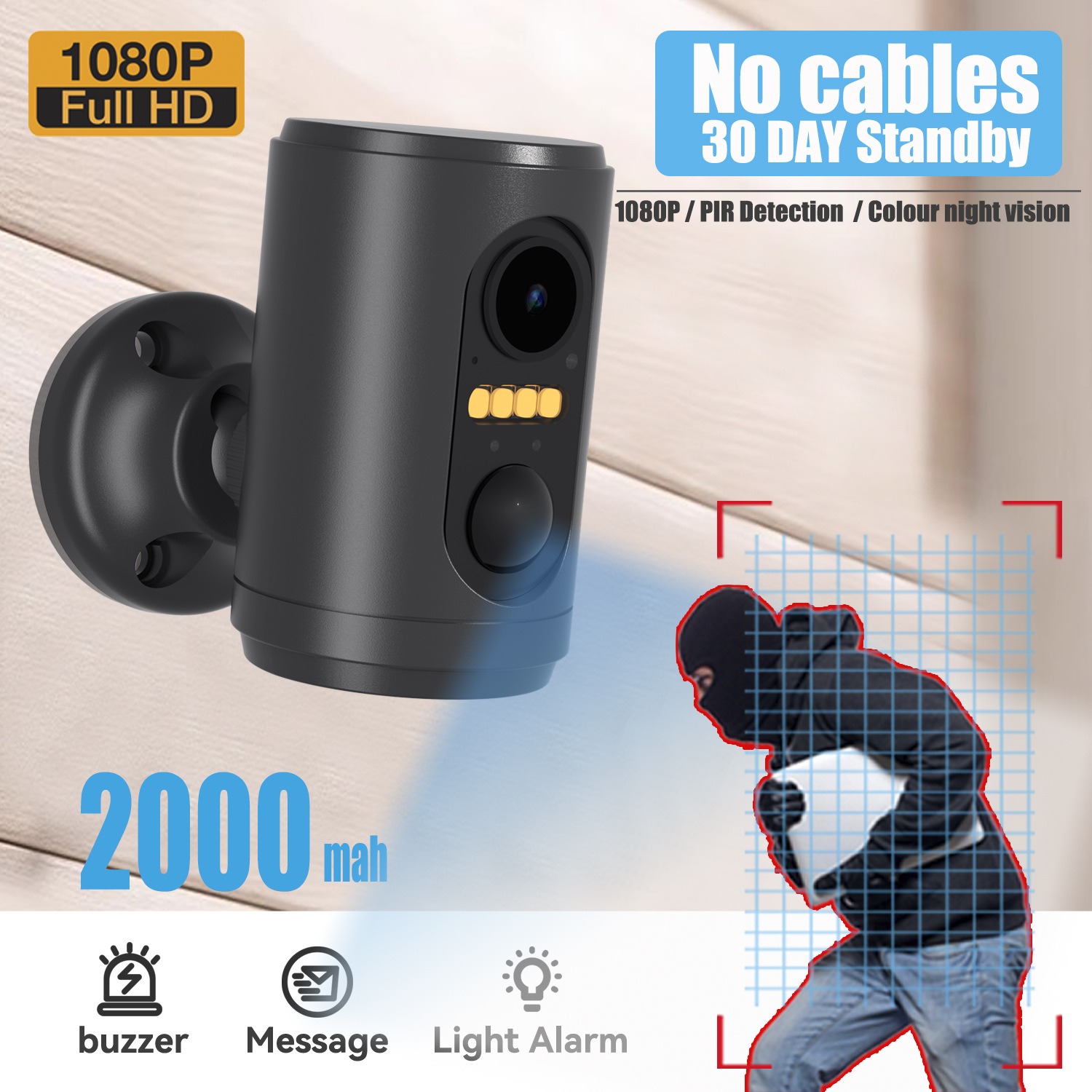 Dahili bataryalı, 2MP geniş açılı lensli, mesaj gönderme özelliğine sahip, akıllı ev, ultra geniş açılı WiFi kablosuz güvenlik kamerası.
