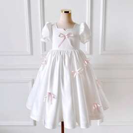 儿童礼服简约中长款礼服粉丝带蝴蝶结长裙女童公主裙生日主持